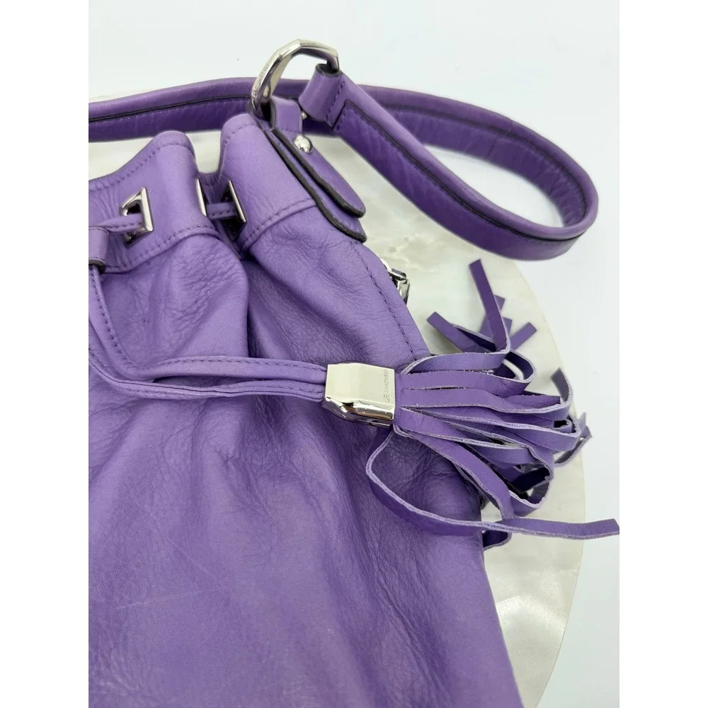 B. Makowsky Purple Leather Tassel Bucket Bag Shoulder Hobo Silver Hardware